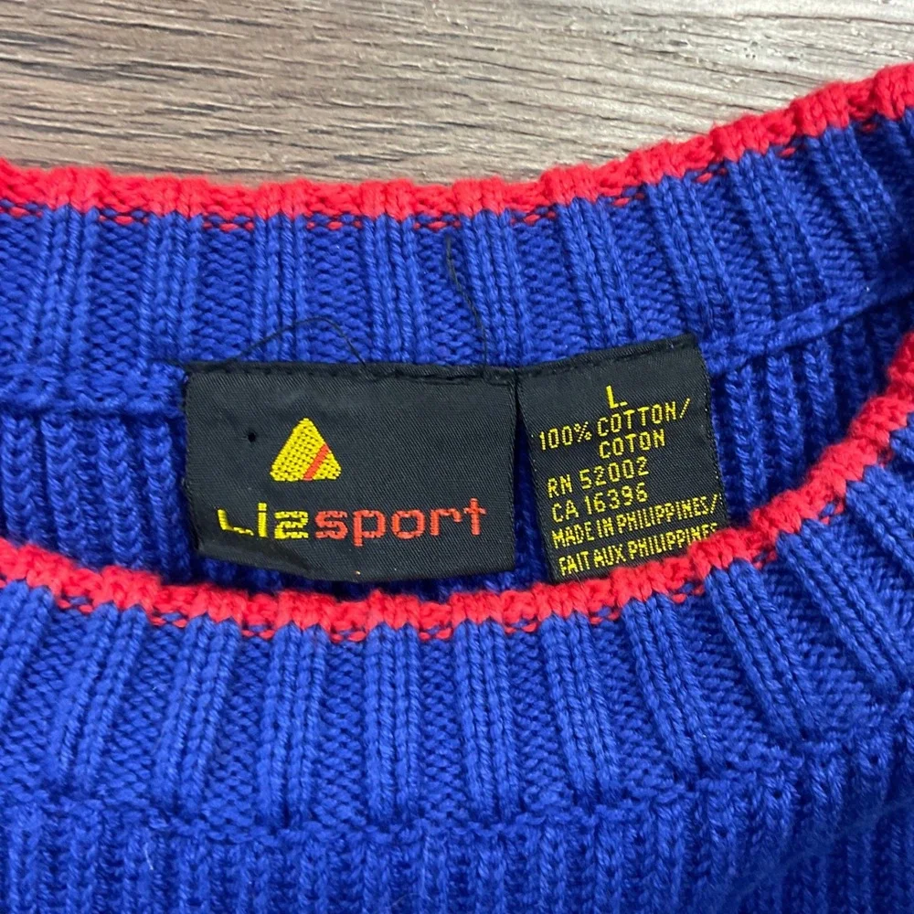 Vintage 90s‎ Lizsport Striped Ribbed Knit Cotton Sweater Womens Large Blue Red